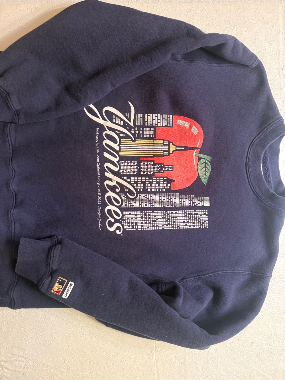 Madhappy Navy Crewneck Sweatshirt with Red Apple & City Graphic